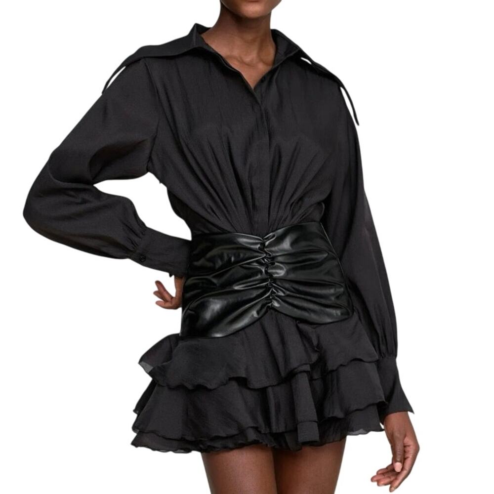 INNOVARE DENIM Alohilani Ruch Ruffle Leather Buckle Mesh Mini Dress - Sz S - NWT